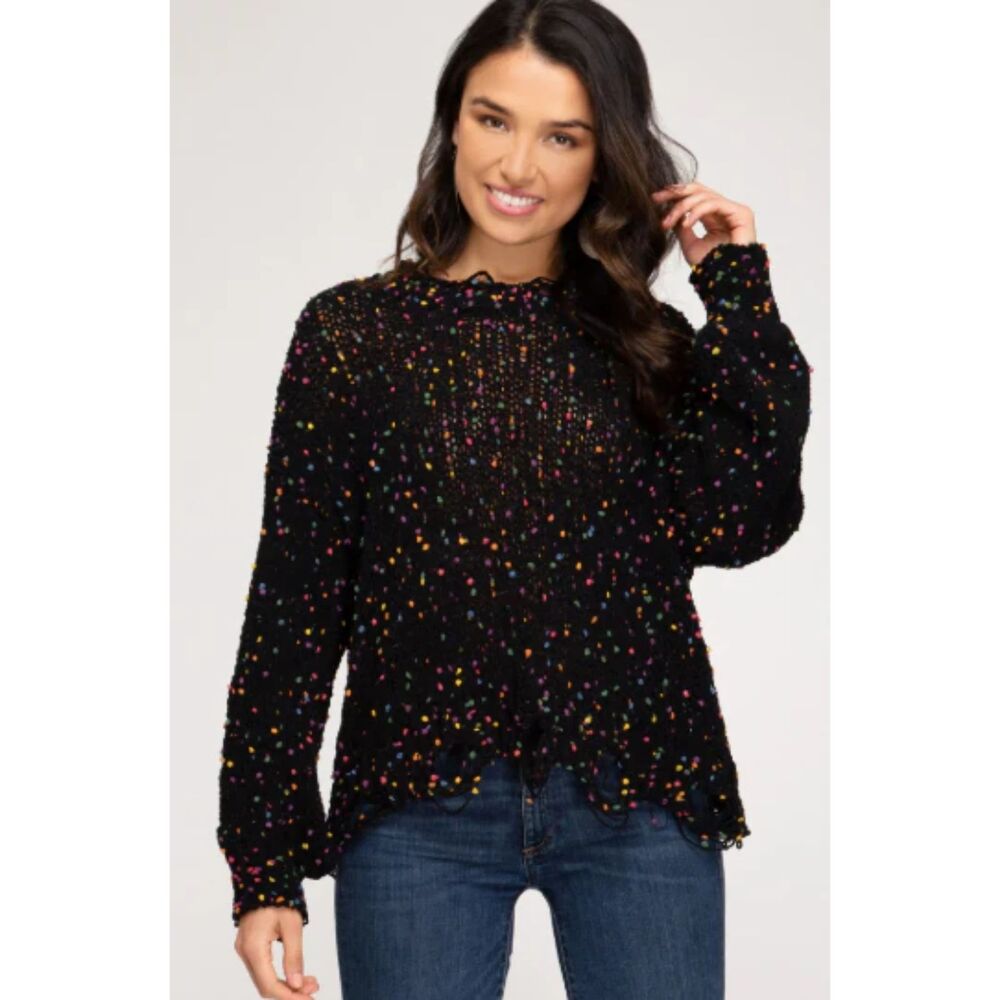 YA LOS ANGELES Bouclé-Tweed Sweater BLACK Multicolor Confetti Sz S/M